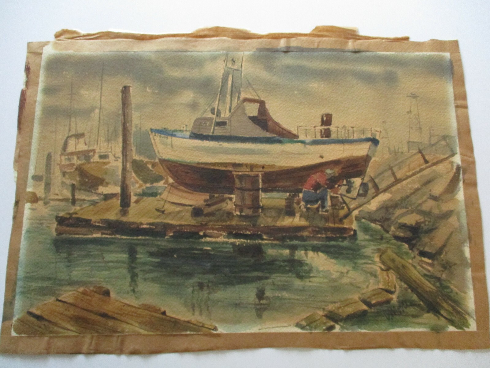MOORE ? PAINTING WPA AMERICAN REGIONALISM NAUTICAL MARINA PORT BOATS INDUSTRIAL