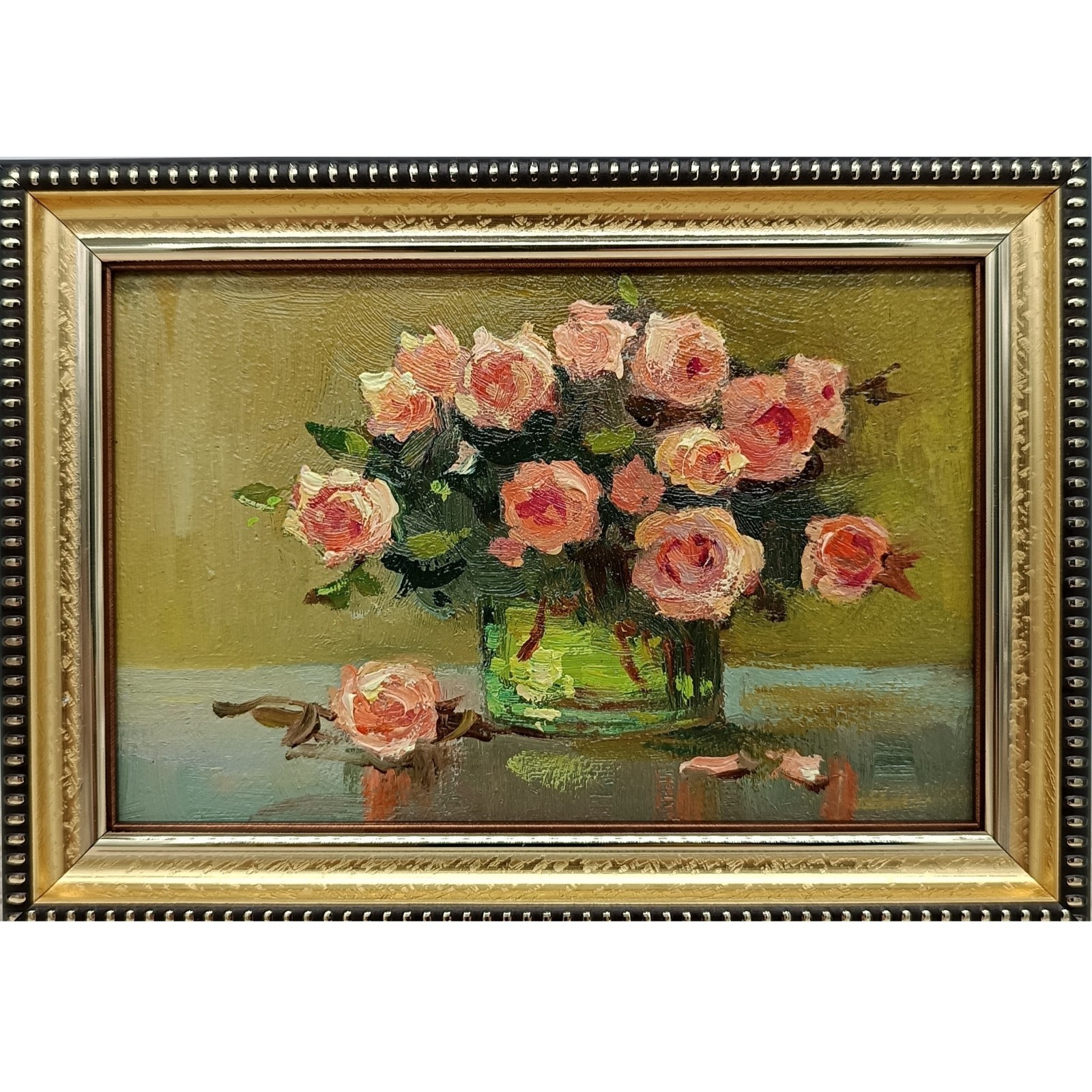 Pink Roses Original Oil Painting 6×4 Framed Signed Floral Bouquet Still Life