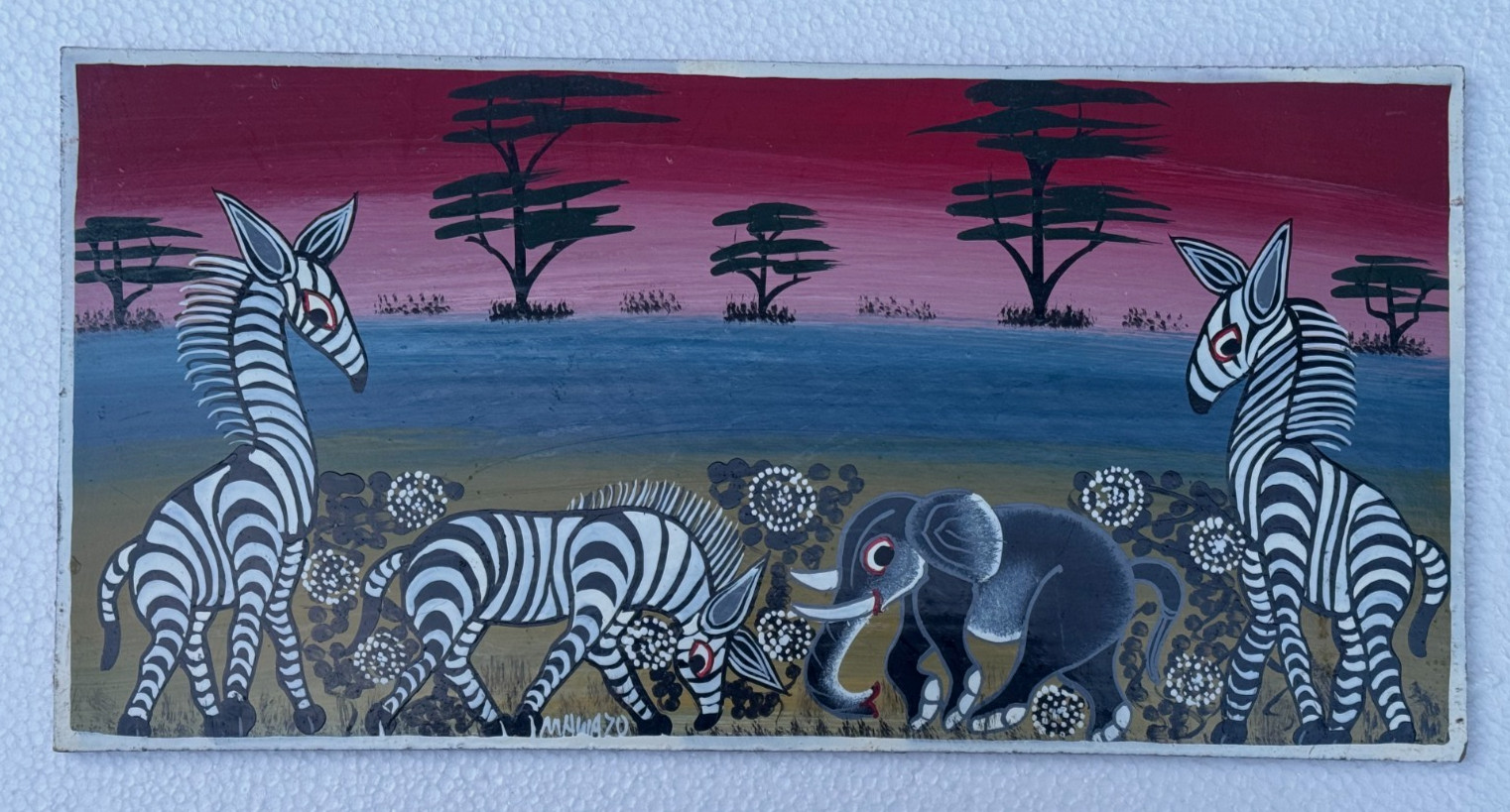 MAHWAZO SIGNED ORIGINAL AFRICAN SAFARI PAINTING TINGA TANZANIA ZEBRA ELEPHANT