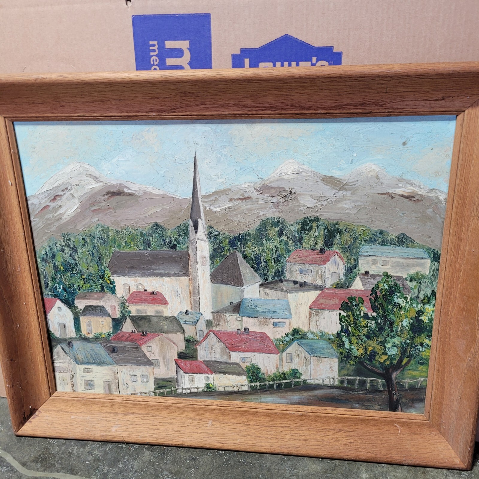 Vtg Original European Village Oil Painting on Board Munich Germany Signed Framed