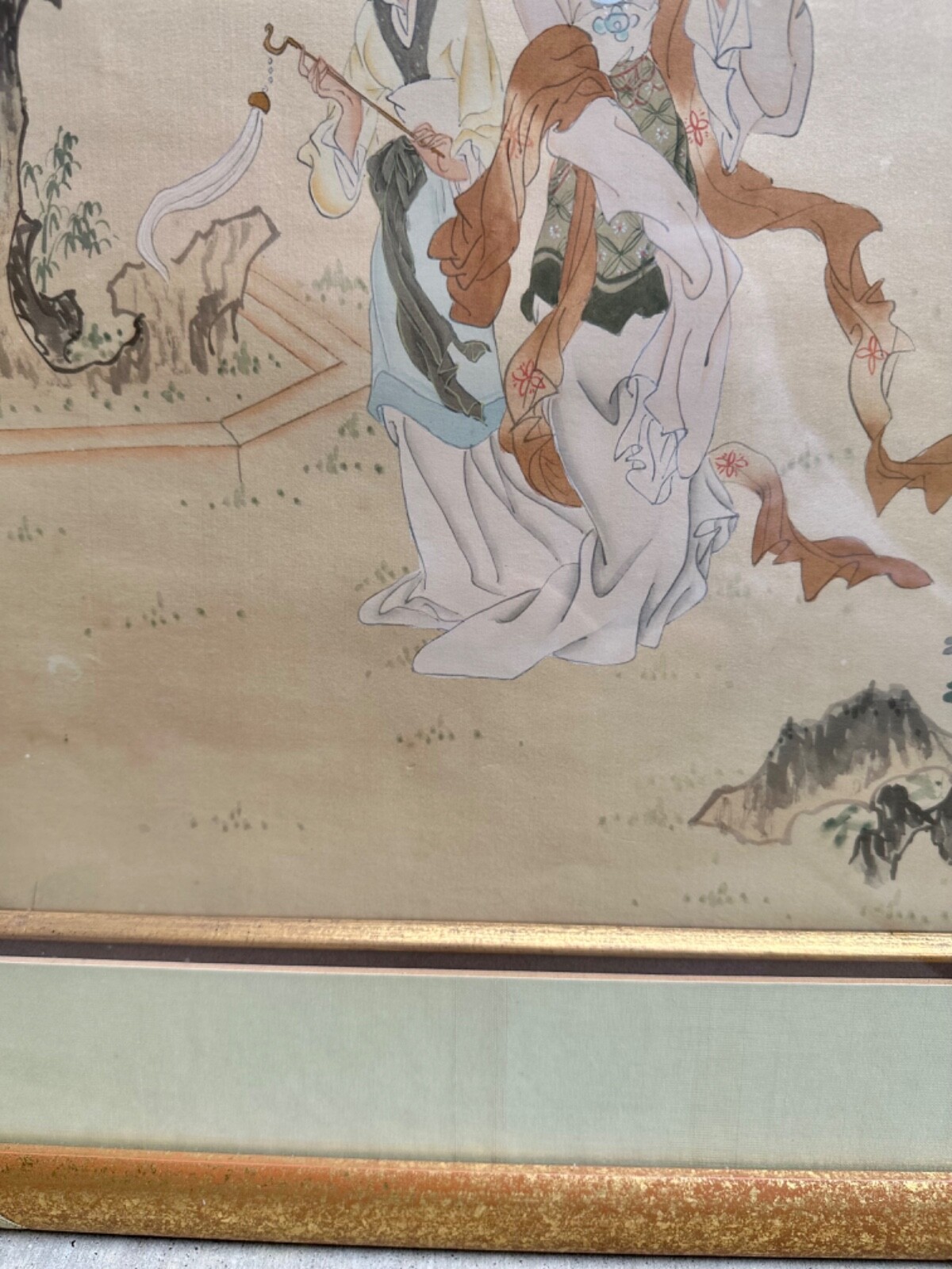 Antique Asian Pair of “Two Women in Garden” Framed Ink & Colors Silk Paintings