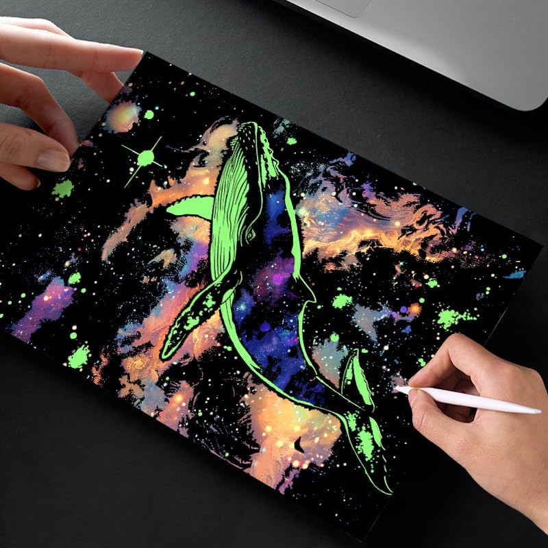 Glow in the Dark Scratch Art Paper，Engraved Landscape Scratch Painting Rainbow B