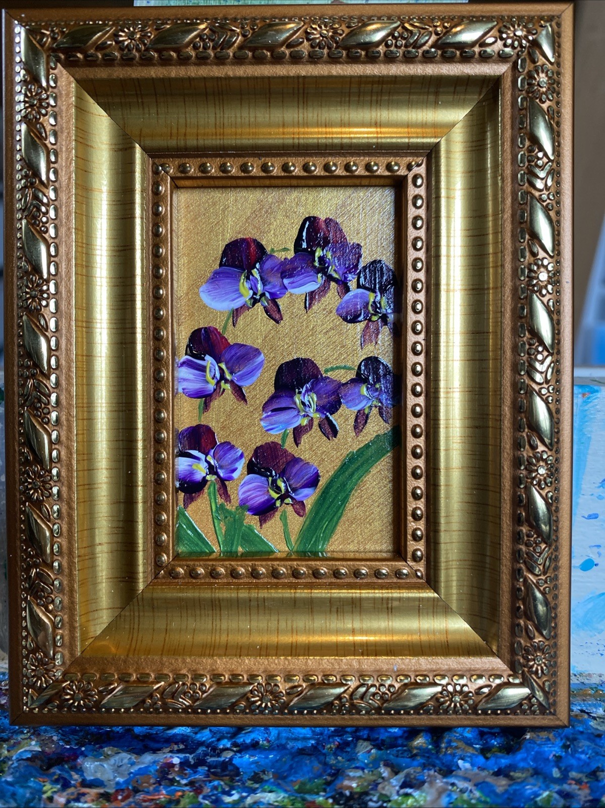 Orchid Flowers Original Painting framed,gold,miniature,small,mini