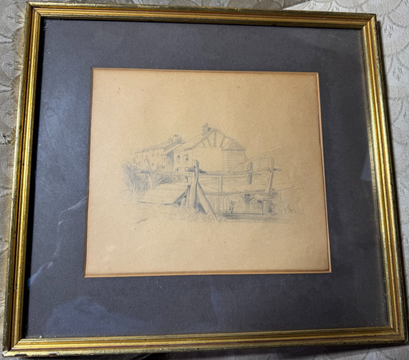 Antique «Wood Bridge And Farm Landscape Scene» – Pencil Drawing – Framed