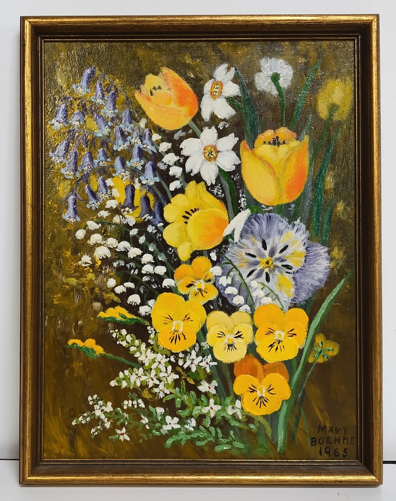 Mid Century Primitive Impressionist Style Flowers Still Life Oil Painting Signed