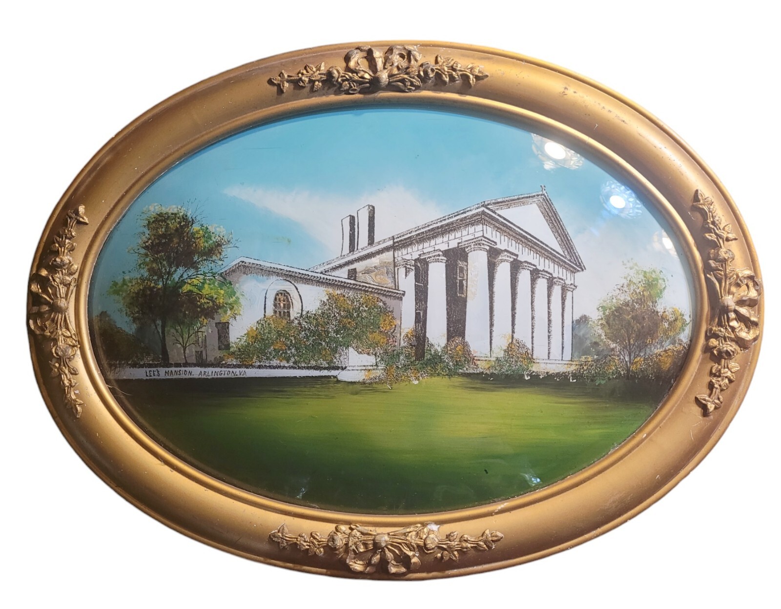 Antique Victorian Reverse Painting Domed Glass Robert E Lee’s Mansion Arlington