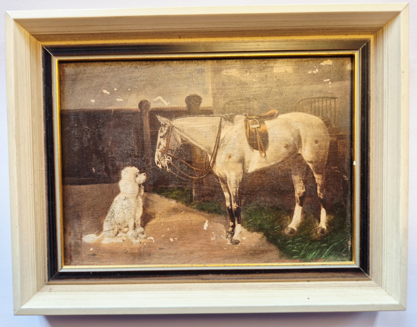 G0029 – Small Antique Painting – Dog / Poodle with Horse – Miniature Painting