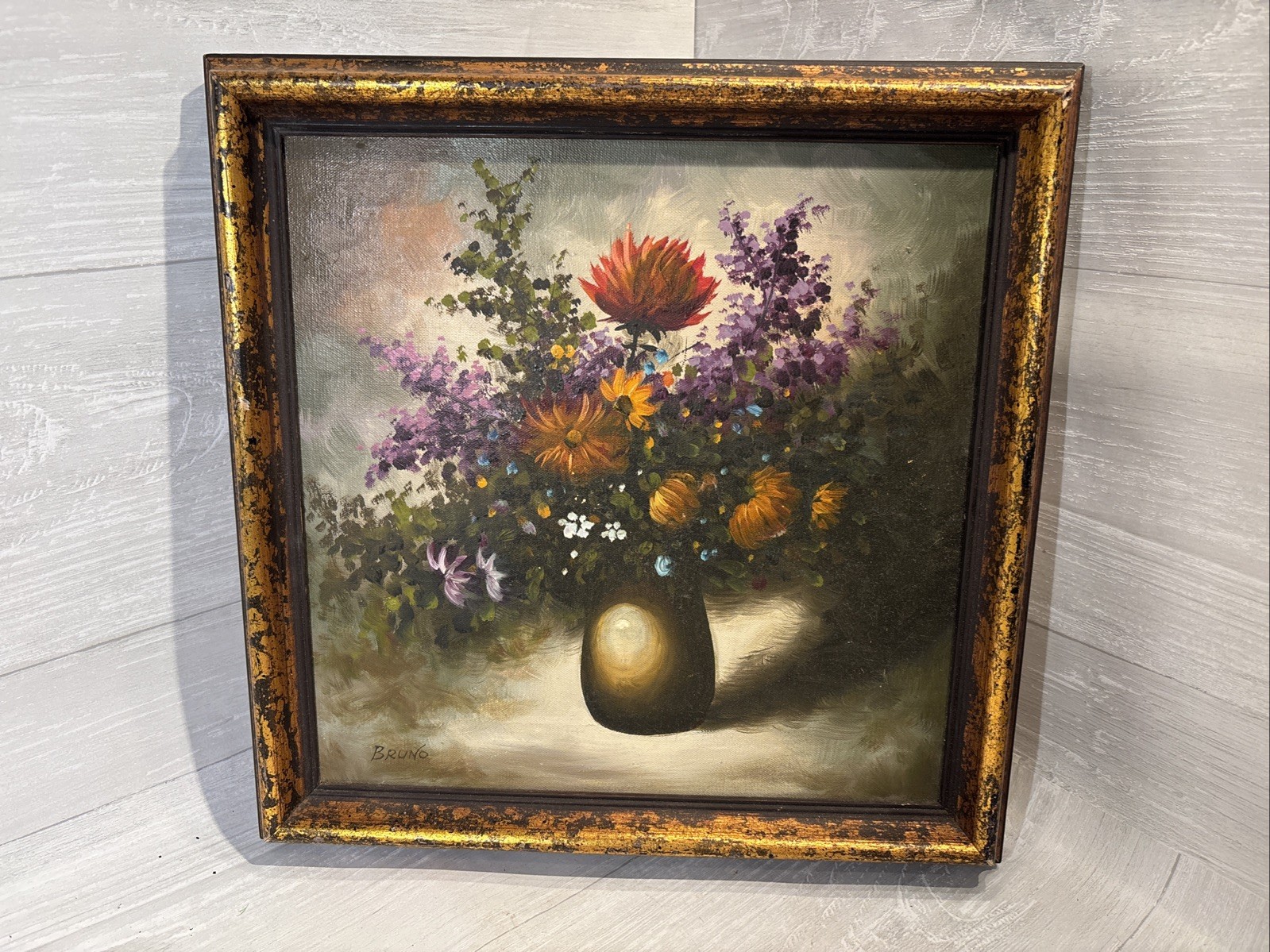 Still Life Oil Painting Art Flowers in Vase Floral Bouquet Signed BRUNO
