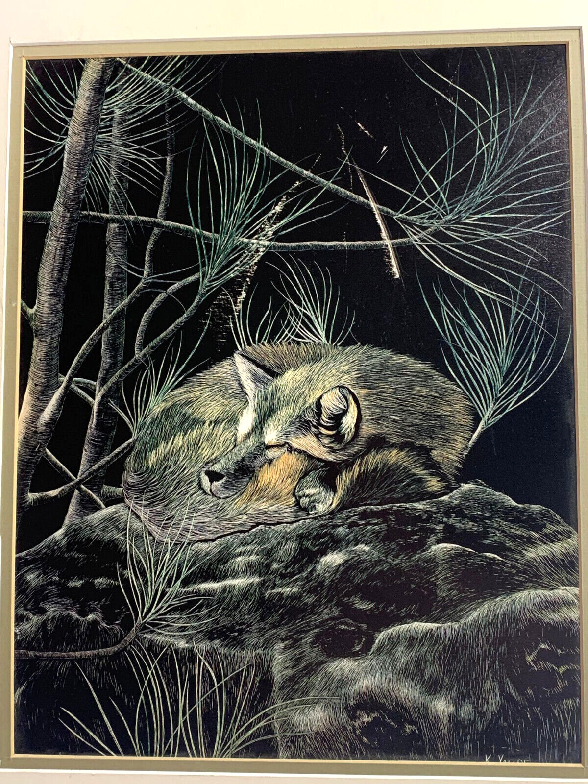 KATHY YAUDE Scratchboard Art Print “Slumber” MATTED NO FRAME Vintage 1982