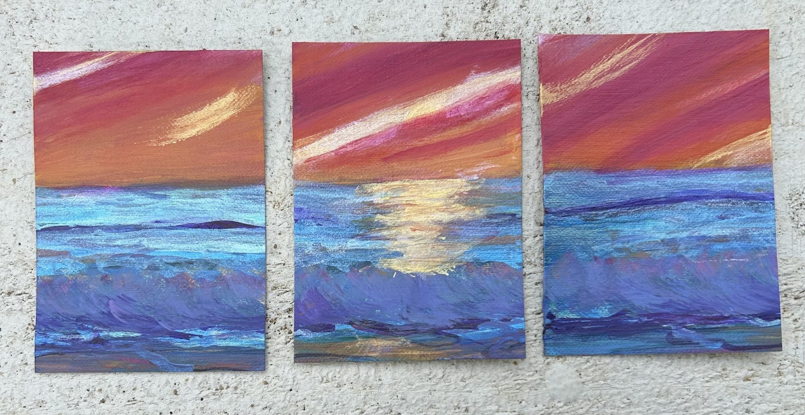 ACEO Original Acrylic San Diego Seascape Sunset Wave Triptych by Gale 3.5×2.5″