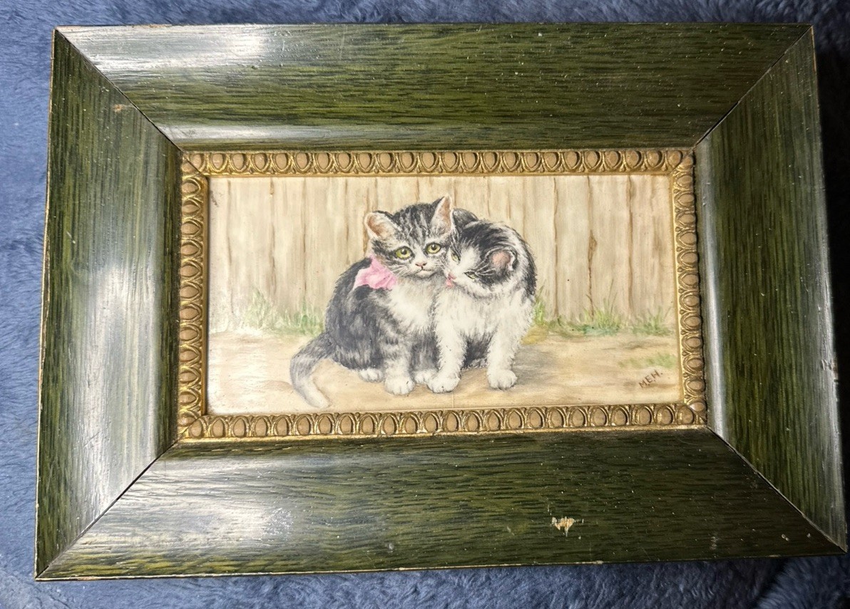 Mary Elizabeth Wilson, Painting Of Kittens On Tile 9 1/2“x 6 1/2”￼ 1910 Cute