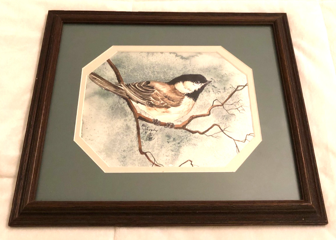 Original Kay Murphy Signed Artwork Watercolor Chickadee Bird Custom Framed 1985
