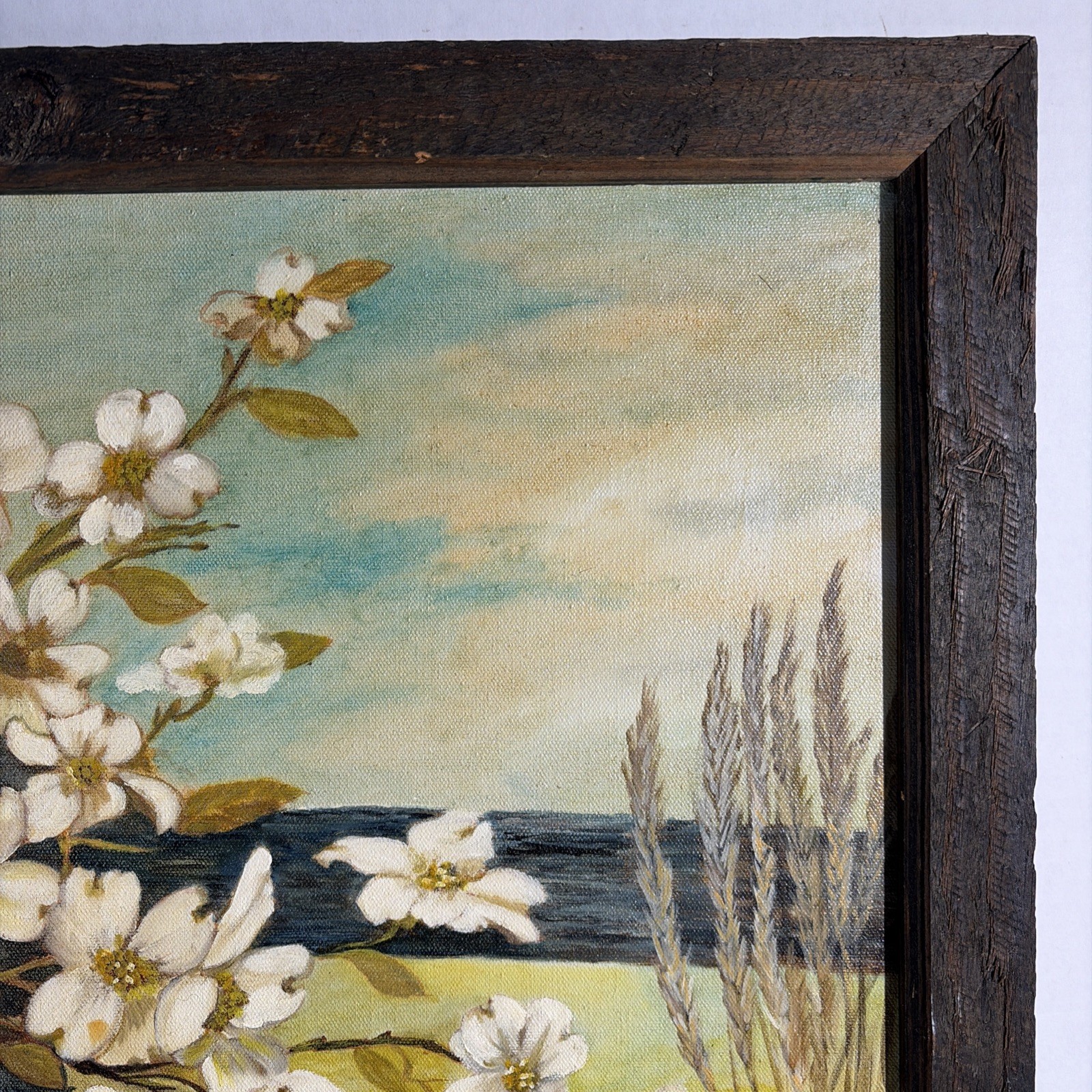 Vintage White Dogwood Blossoms Art Painting Flowers Rustic Botanical Landscape