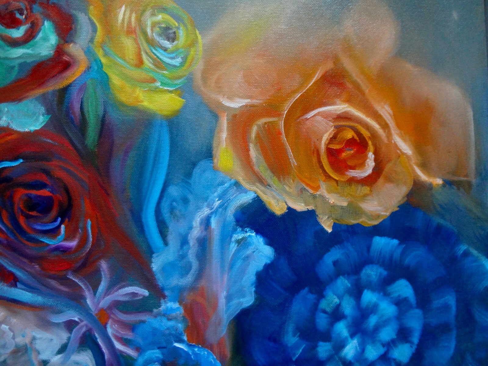 HAWAII ARTIST 24″x36″ «COLORFUL FLORAL COLLAGE» Original Oil One of a Kind