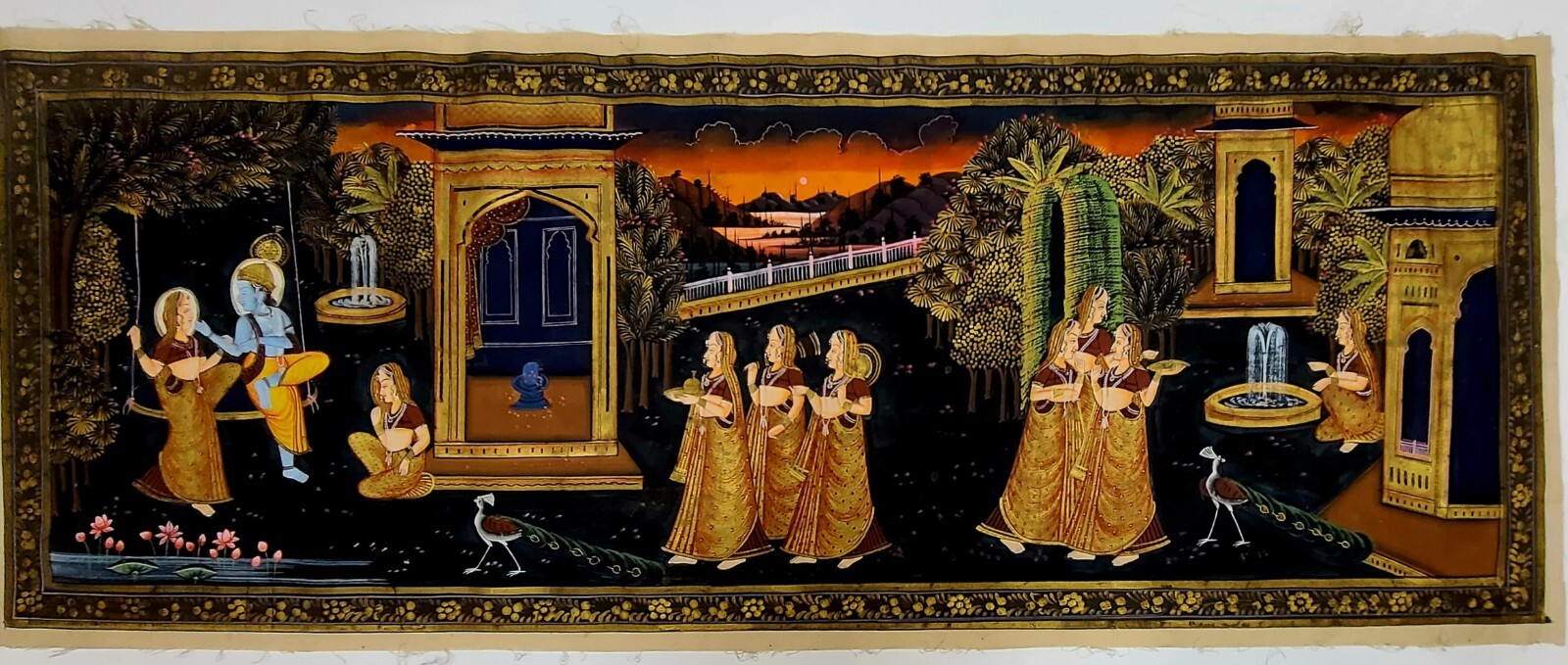 VINTAGE INDIA KISHANGARH SWINGING RADHA-KRISHNA GOUCHE WATERCOLOR 14.5″h X 37″w