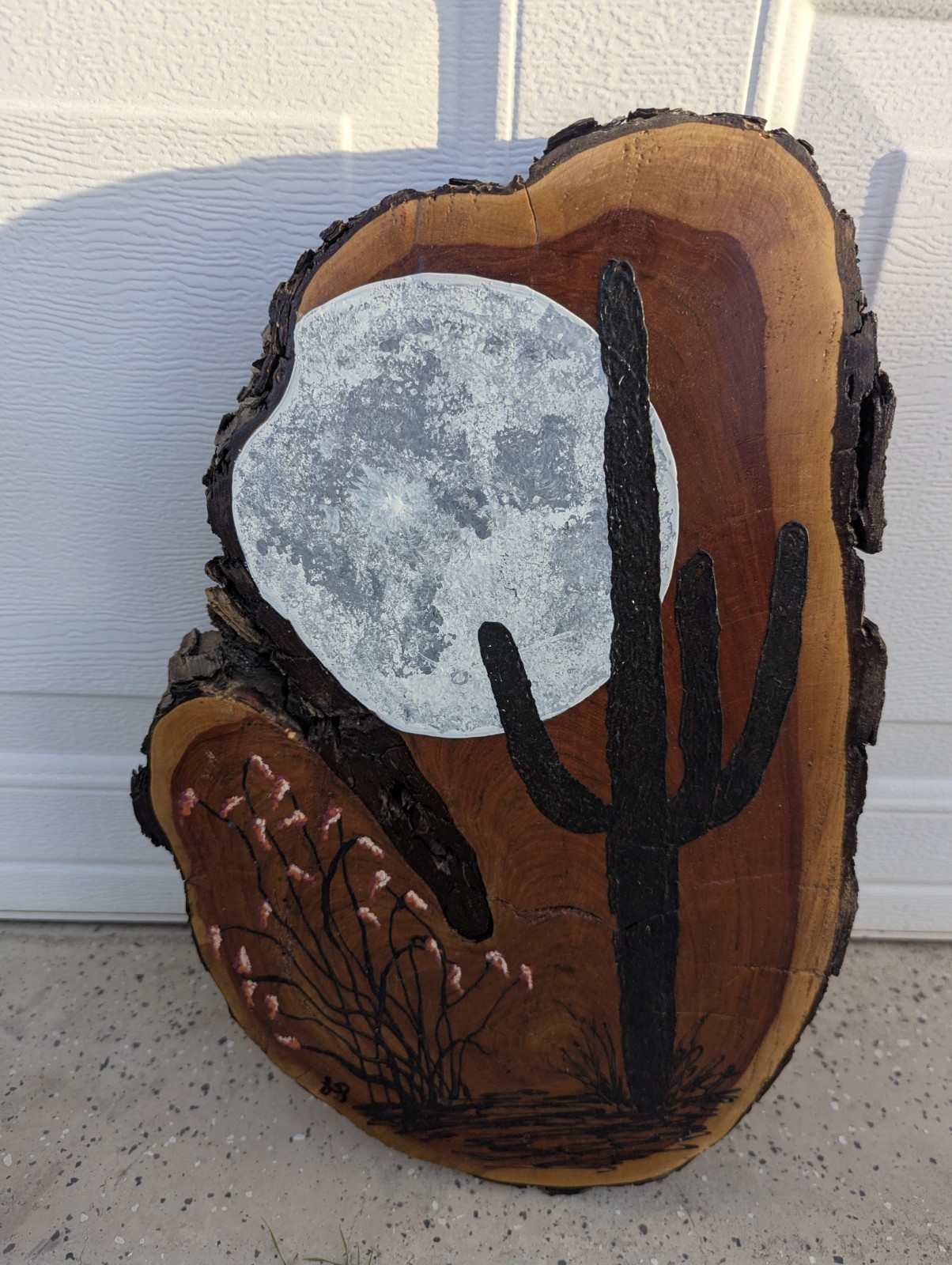 Original Southwest Desert Art Hand Painted on Live Edge Wood Slice Saguaro Moon