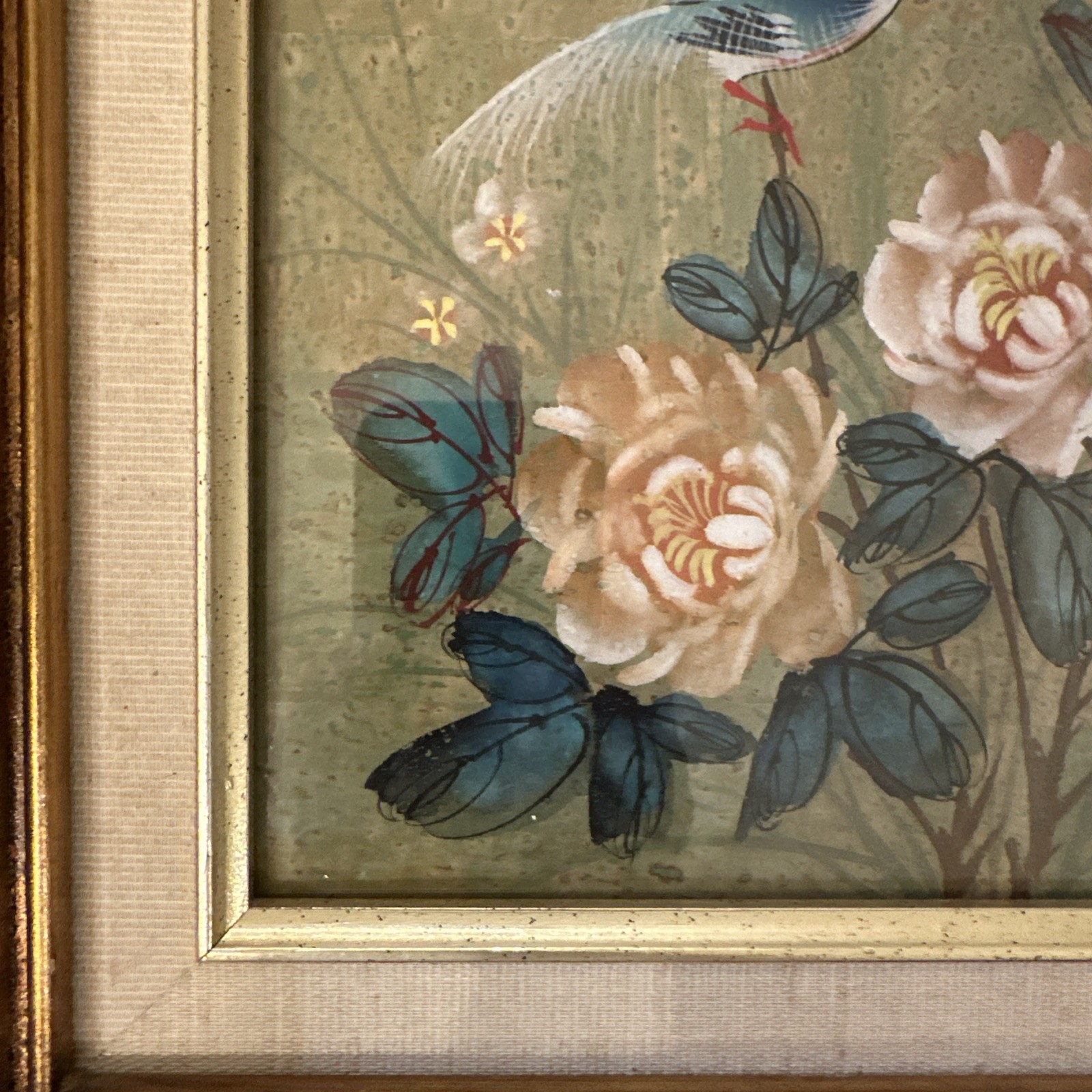Watercolor Painting Asian Cork Paper Bird Flower Gold Bamboo Frame Signed 12×14