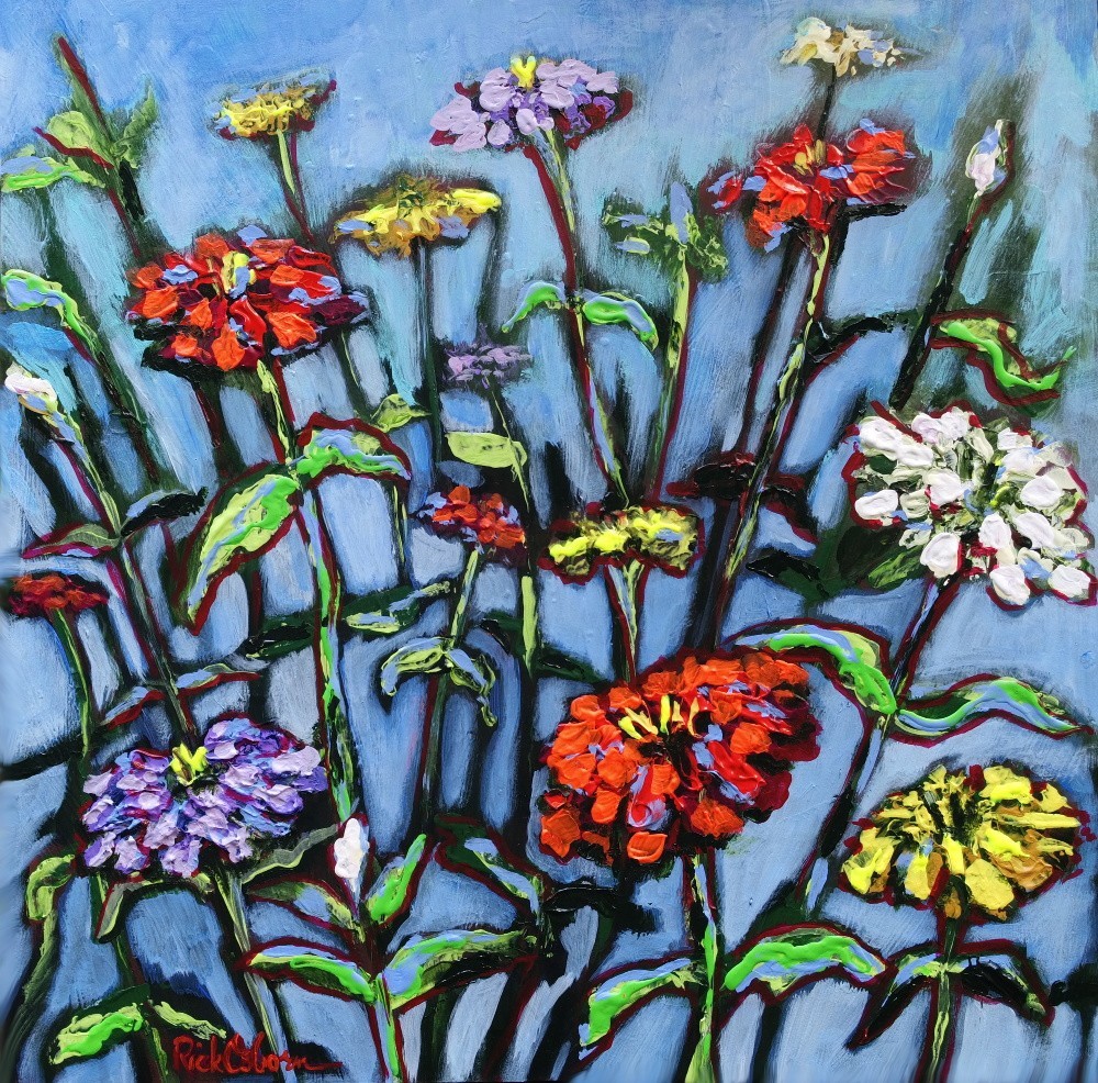 «Zinnias – Let Freedom Spring» – Original 18×18 Acrylic Painting by Rick Osborn