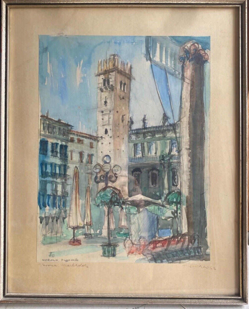 Aquarell Sign. & Dat. 1953 View Of The Marketplace In Verona With Clock Tower