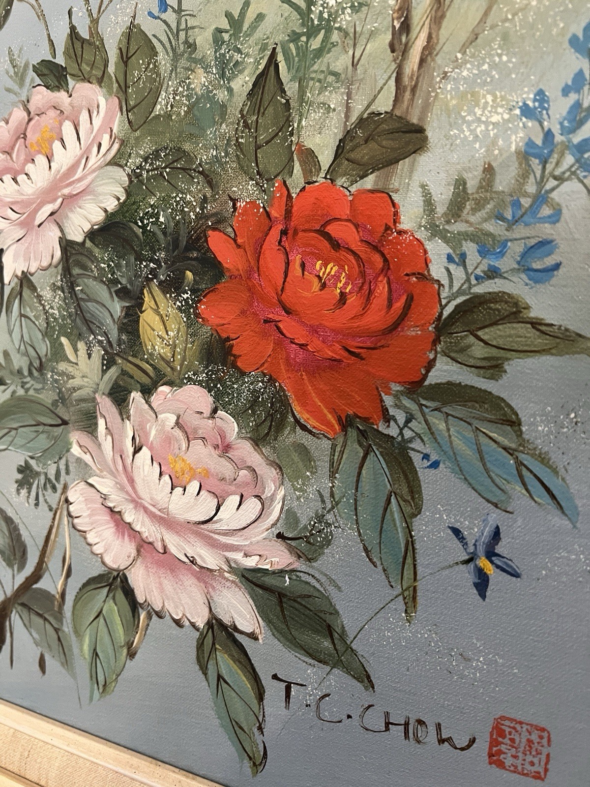 Authentic Peony Chinoisorie Painting By TC Chow Original Framed Realism