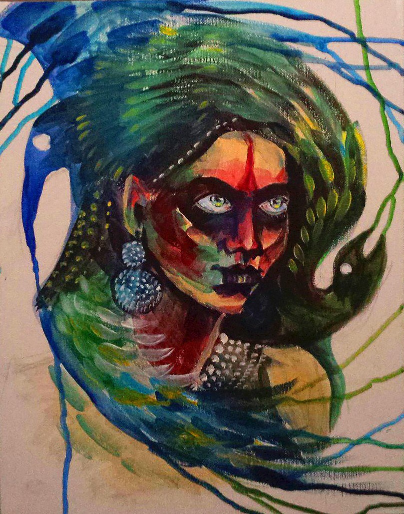 Girl with birds original acrylic art painting expressionism dark