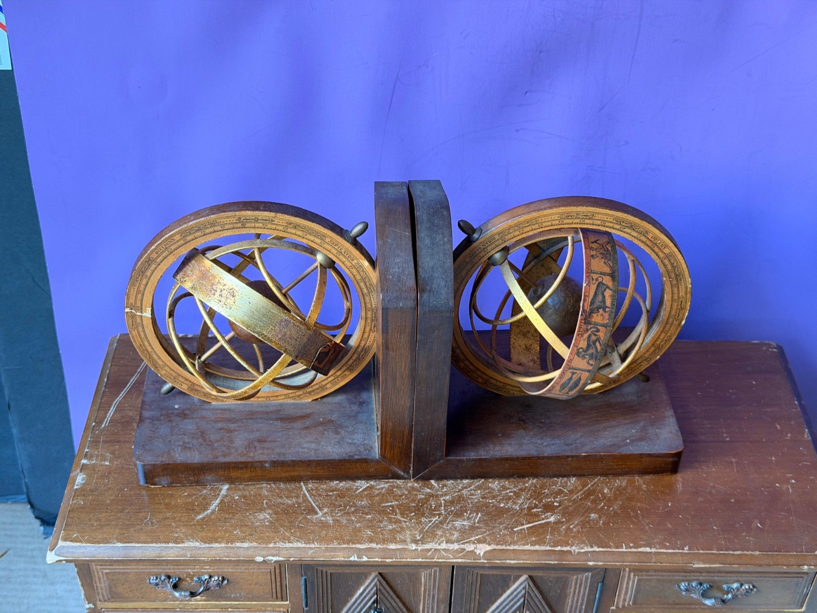Vintage Wood Armillary Sphere Bookends Zodiac Astrological Globe Pair 6″
