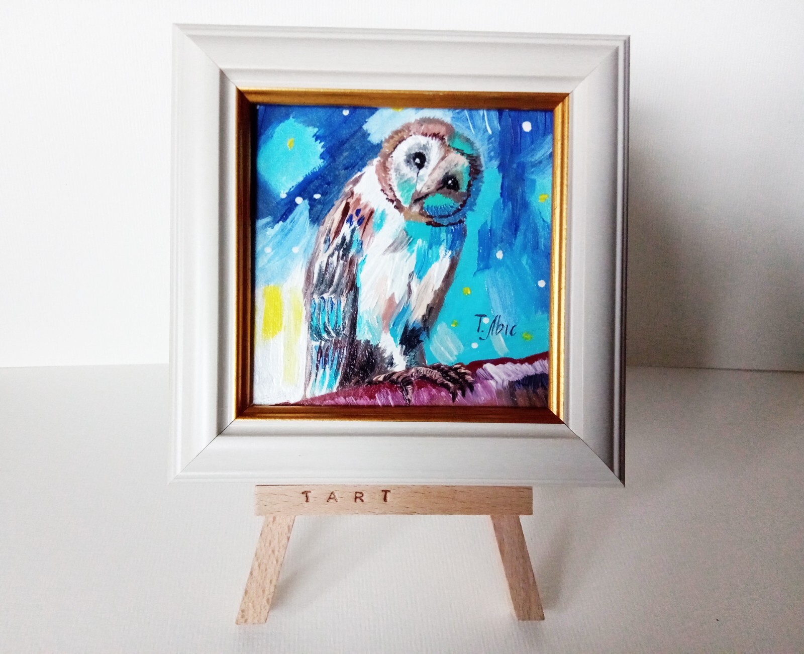 Cute bird owl 4×4 inches Mini oil painting framed on stand read