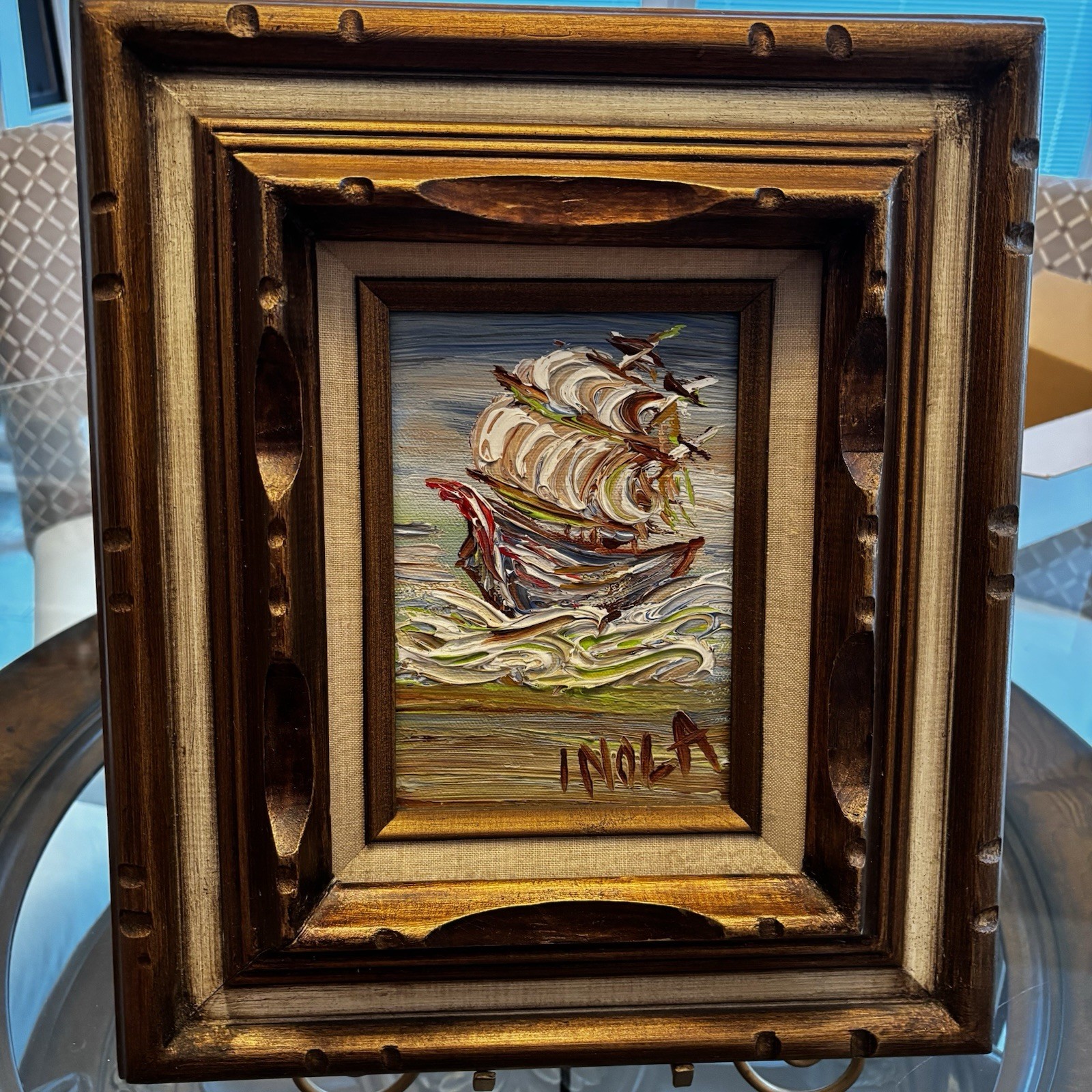 Original Vtg Framed Sea Scape Painting Acrylic Sail Boat Nautical Signed Inola