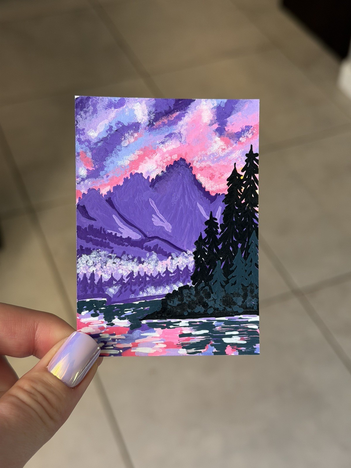 Original ACEO Abstract Twilight Sky Mountain Lake Forrest Landscape by Sykes