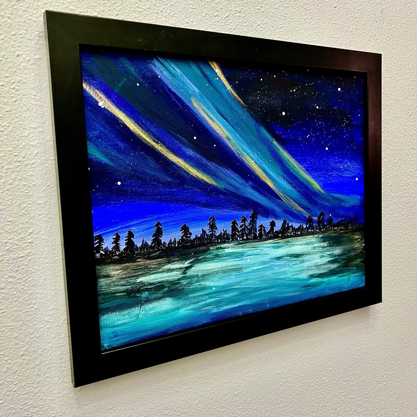 Original Northern Lights Acrylic Painting Framed Aurora Borealis Landscape