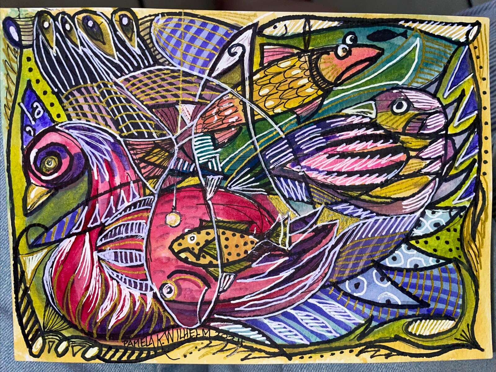Pamela Wilhelm original 5”X7” Ink & Watercolor Birds Fish Rich Colors Patterns