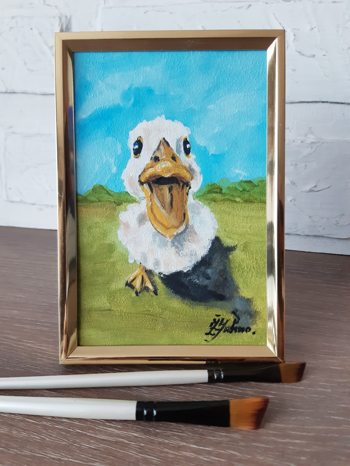 Funny Duck Oil Painting Original Goose Portrait Wall Art Framed 4×6