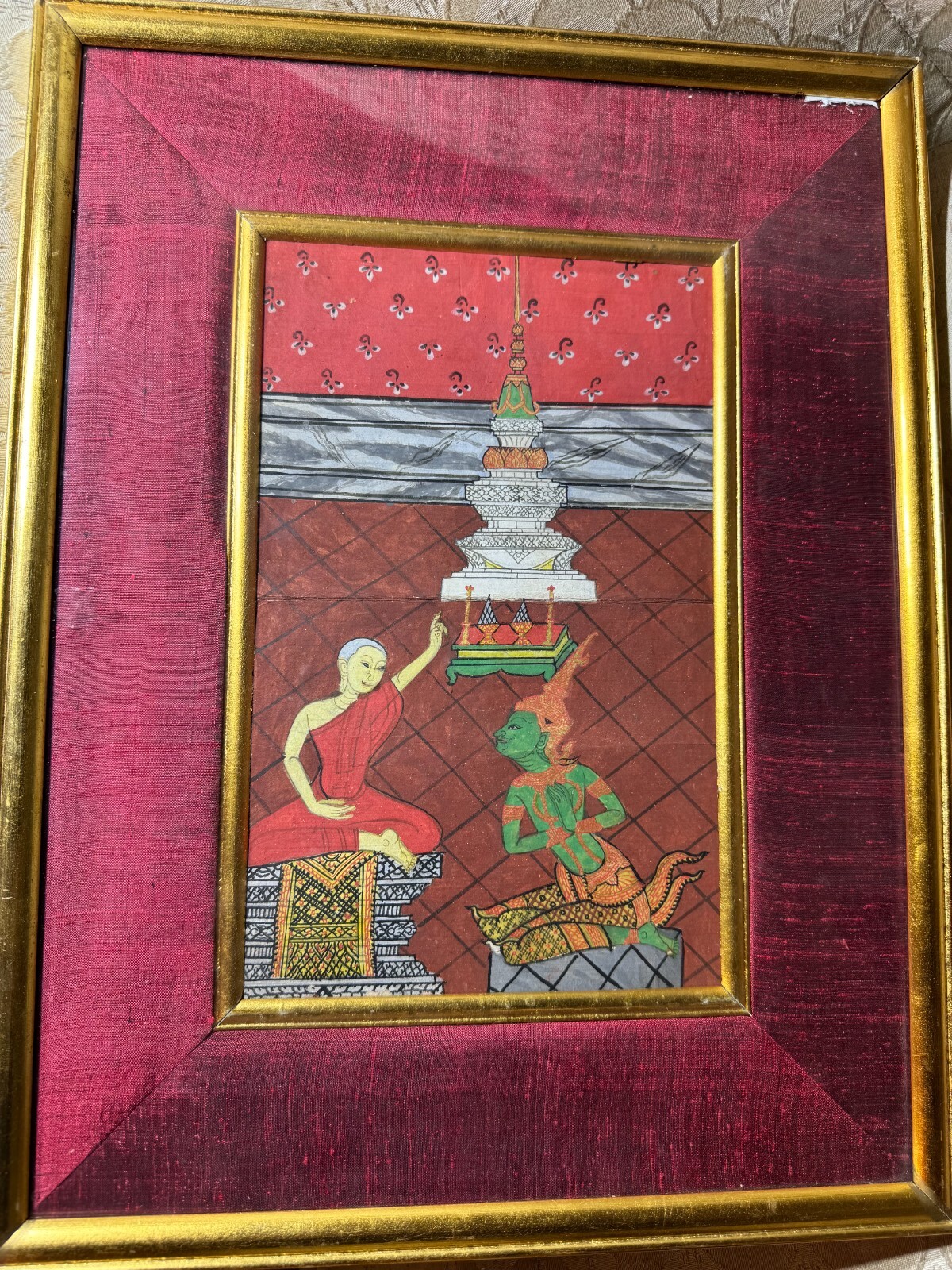 Antique Balinese? «Figures In A Shrine Scene» Gouache Painting #2 – Framed