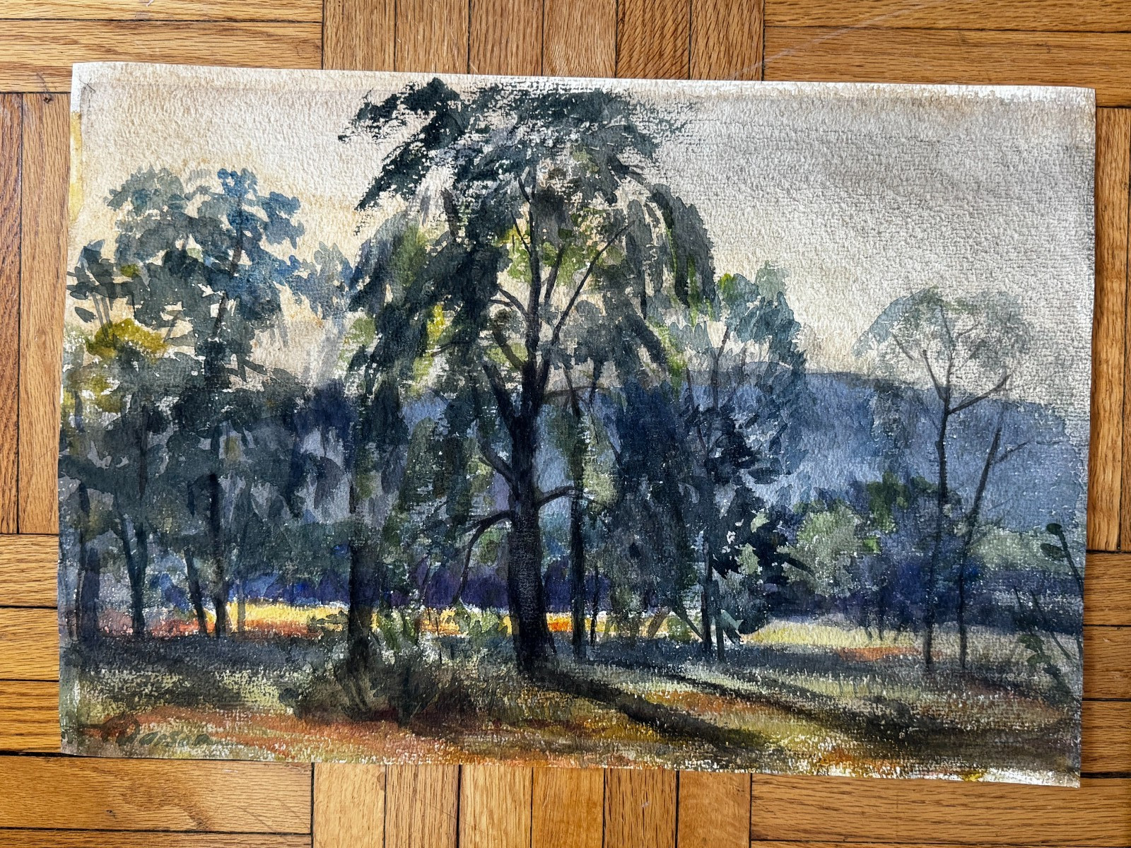 Vintage 1940s Watercolor Painting Landscape Forest Trees 21 x 14 Signed
