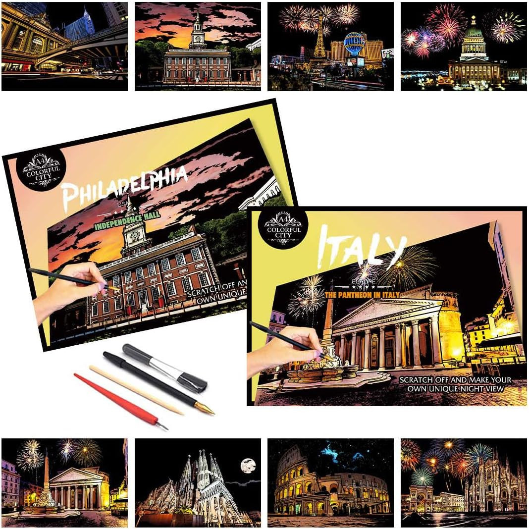 Glow in the Dark Scratch Art Paper，Engraved Landscape Scratch Painting Rainbow B