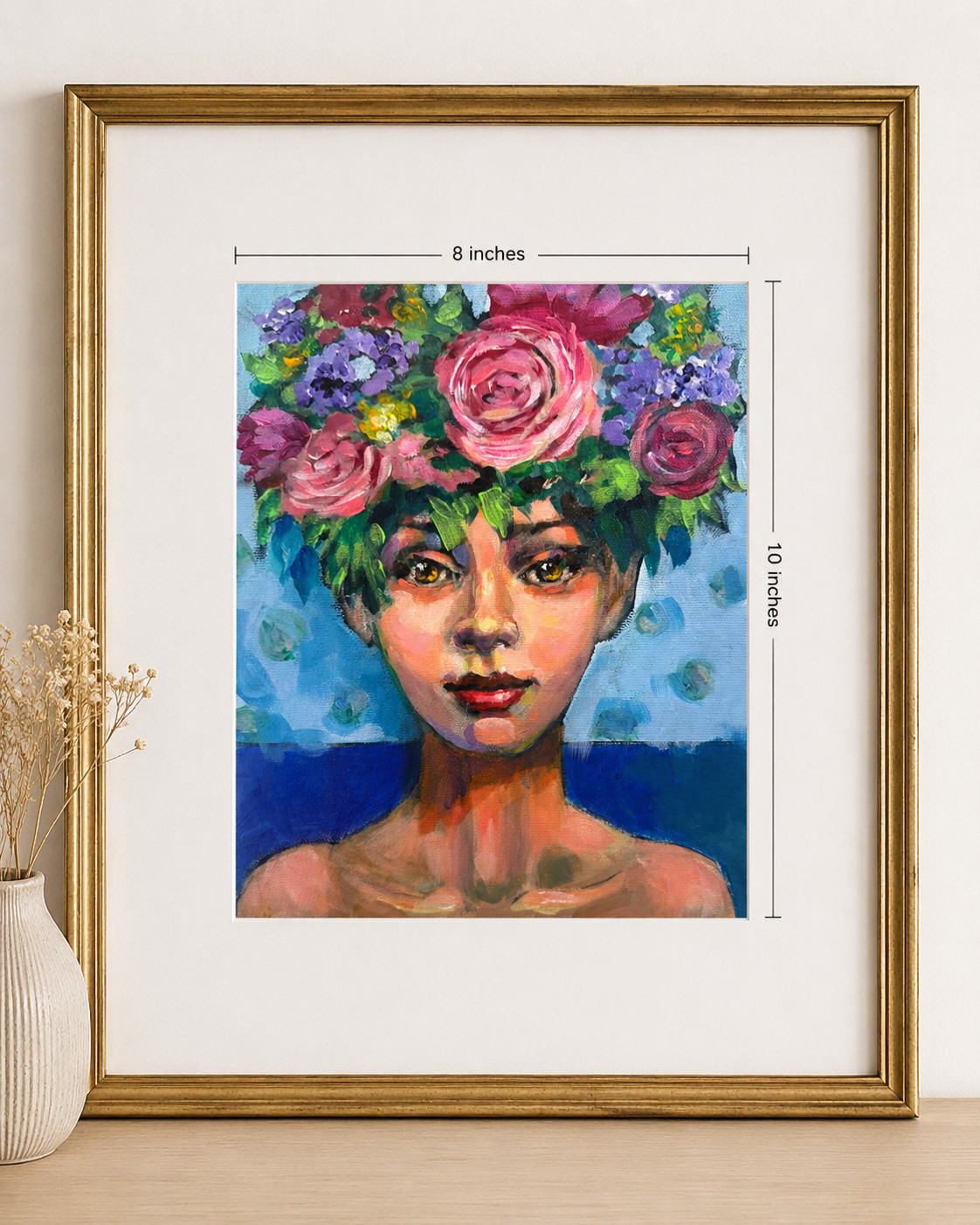Original Floral Portrait Painting Woman w/ Flower Crown Acrylic 8×10 OOAK Signed