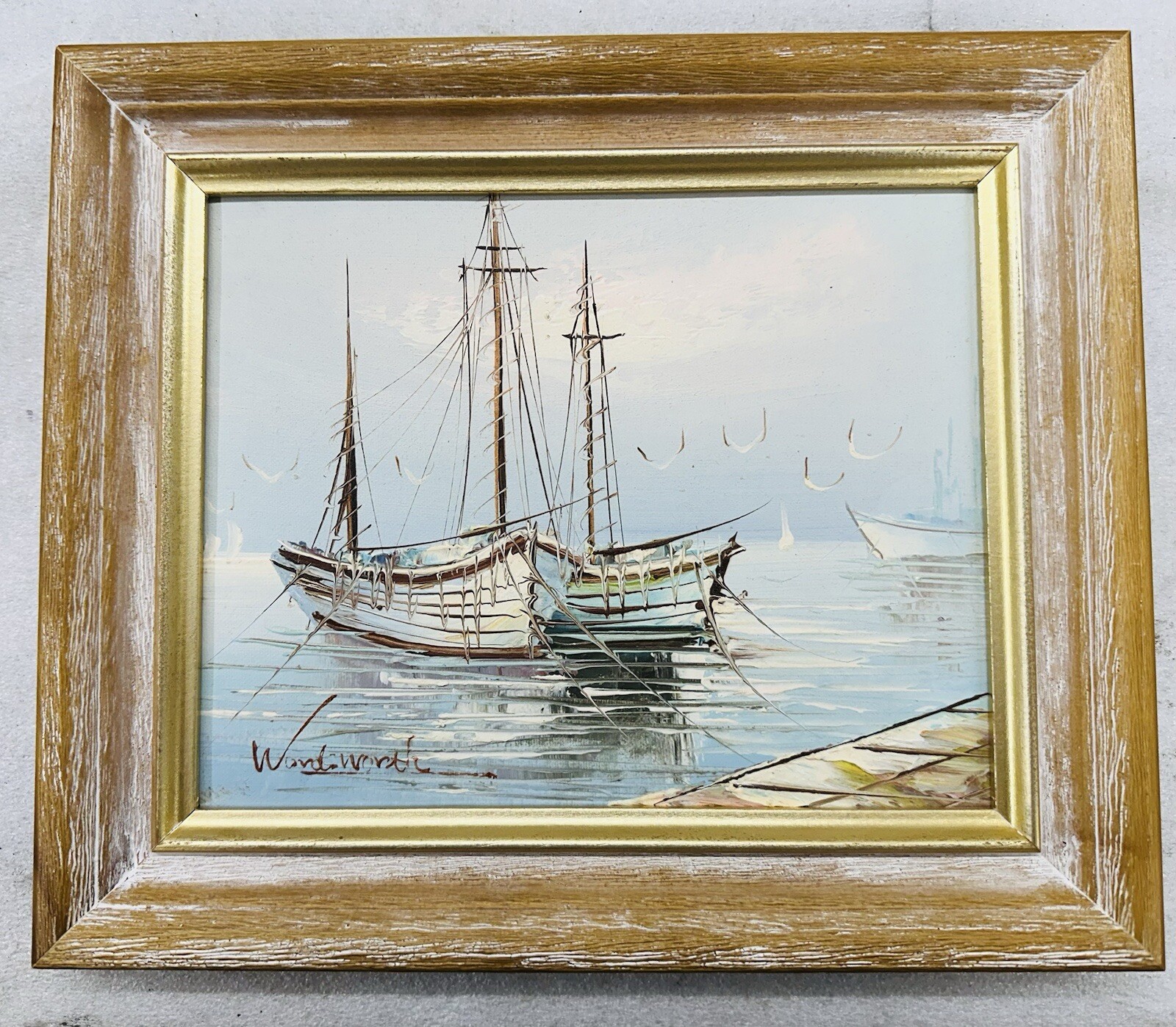 orig framed Oil Painting on Canvas SAILBOAT Ships Dockyard – signed Wandsworth