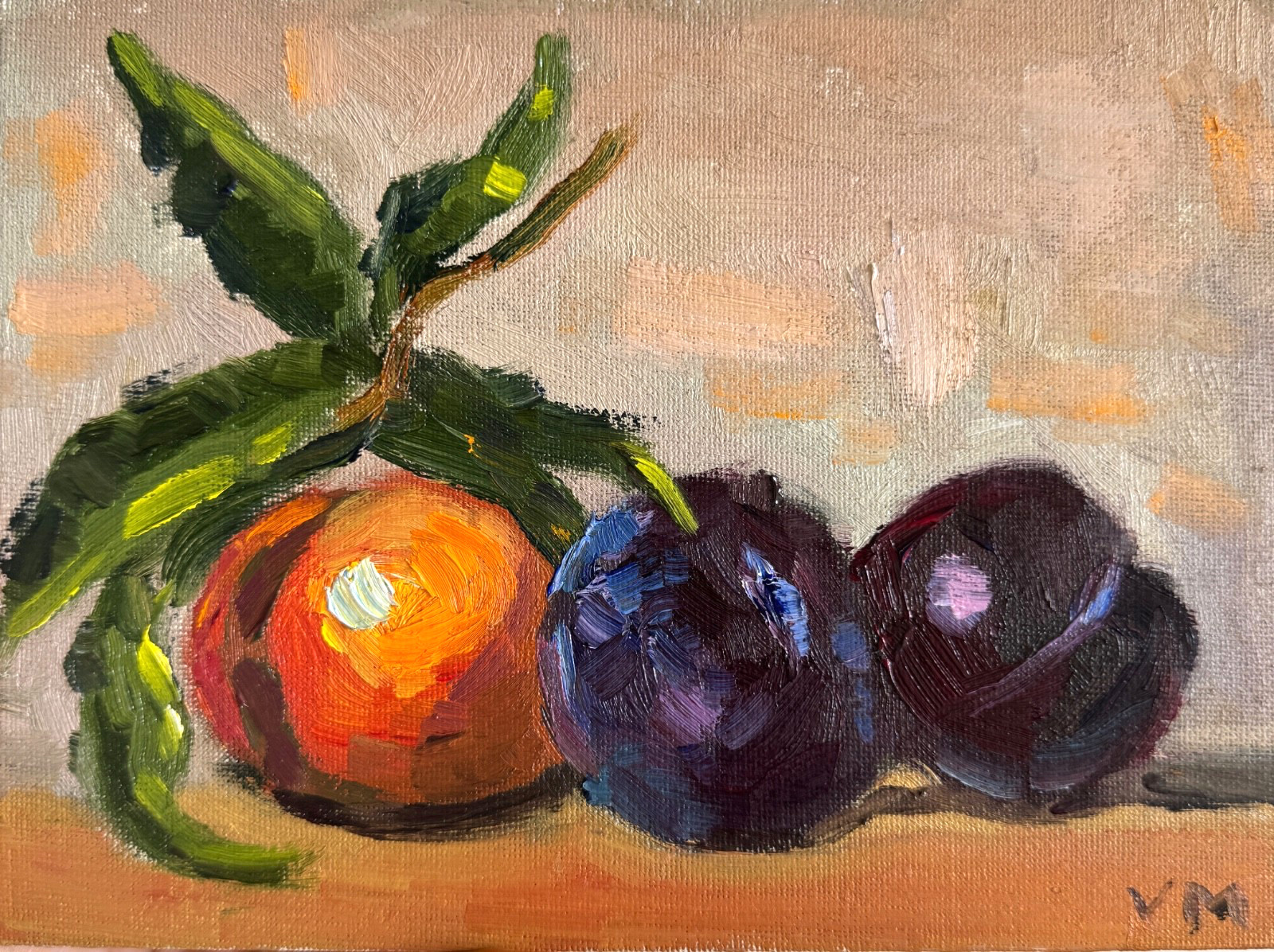 Original Oil Still Life Painting Plums Tangerine Impasto Canvas Wall Art Decor