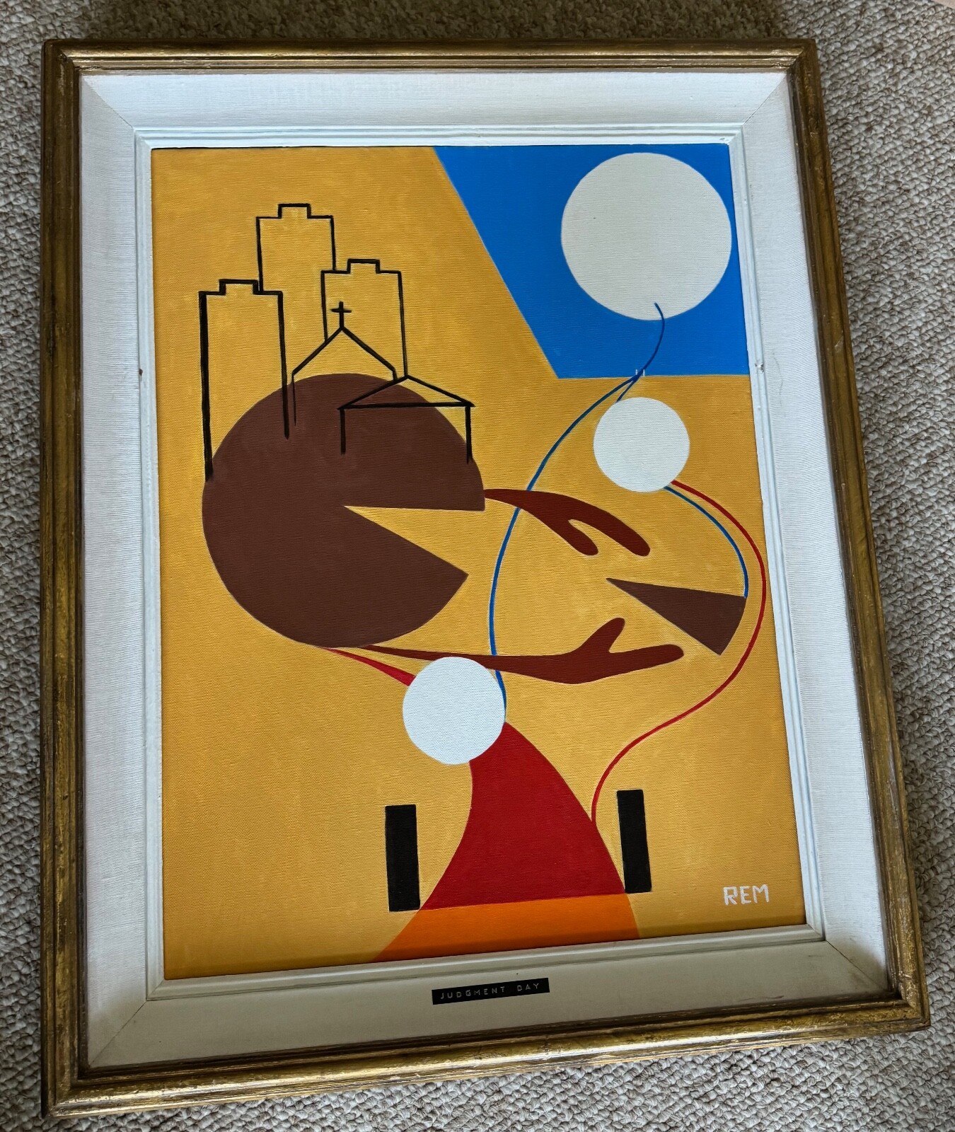 Vintage Surreal Abstract Geometric Painting Art Wall Hanging Signed REM Menges