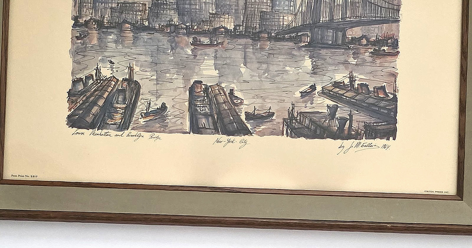 Vintage J.M. Gallais 1964 Signed Print New York City Harbor Skyline Mid Century