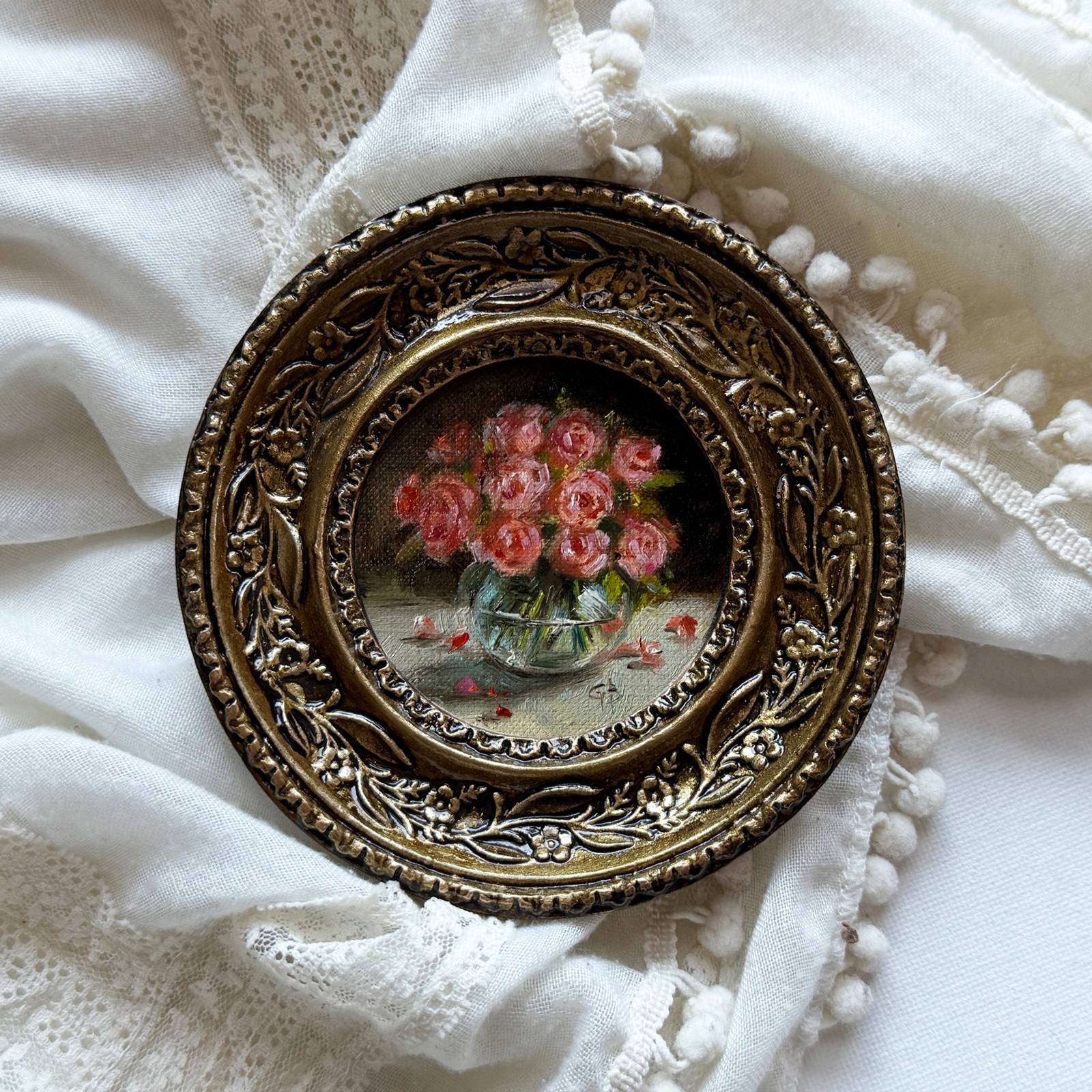 Original Oil Painting Miniature Bouquet of Roses Gold Framed Hand Painted Art