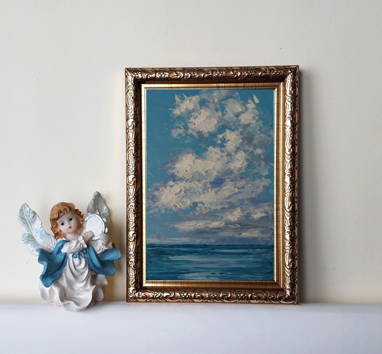 Framed Calm Cloud Art Mini Seascape Cloud Over Sea 4×6″ Original Oil Painting