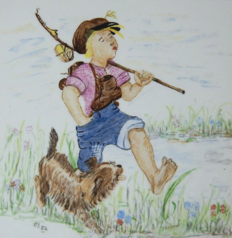 EUROPEAN HANDPAINTED PORCELAIN TILE THE CARE FREE BOY AND DOGGY 1952 BY E.Y