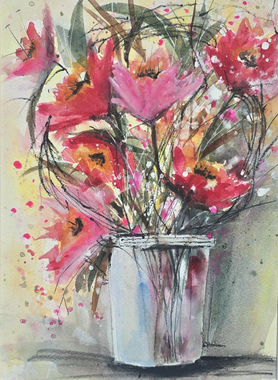 Original Signed Watercolor. 9 x 12″ matted to 12x 16″ Florals. Wall art.Tulips.