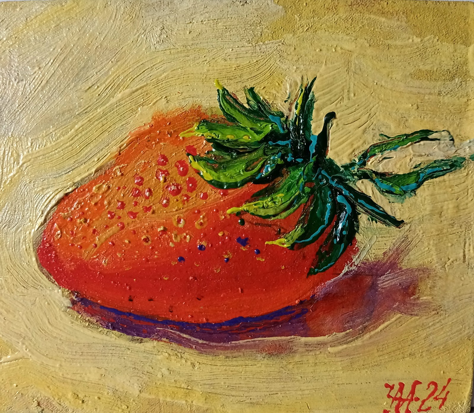 Strawberry, Painting Original Art Impression Oil Painting 4.7 x 5.5 in