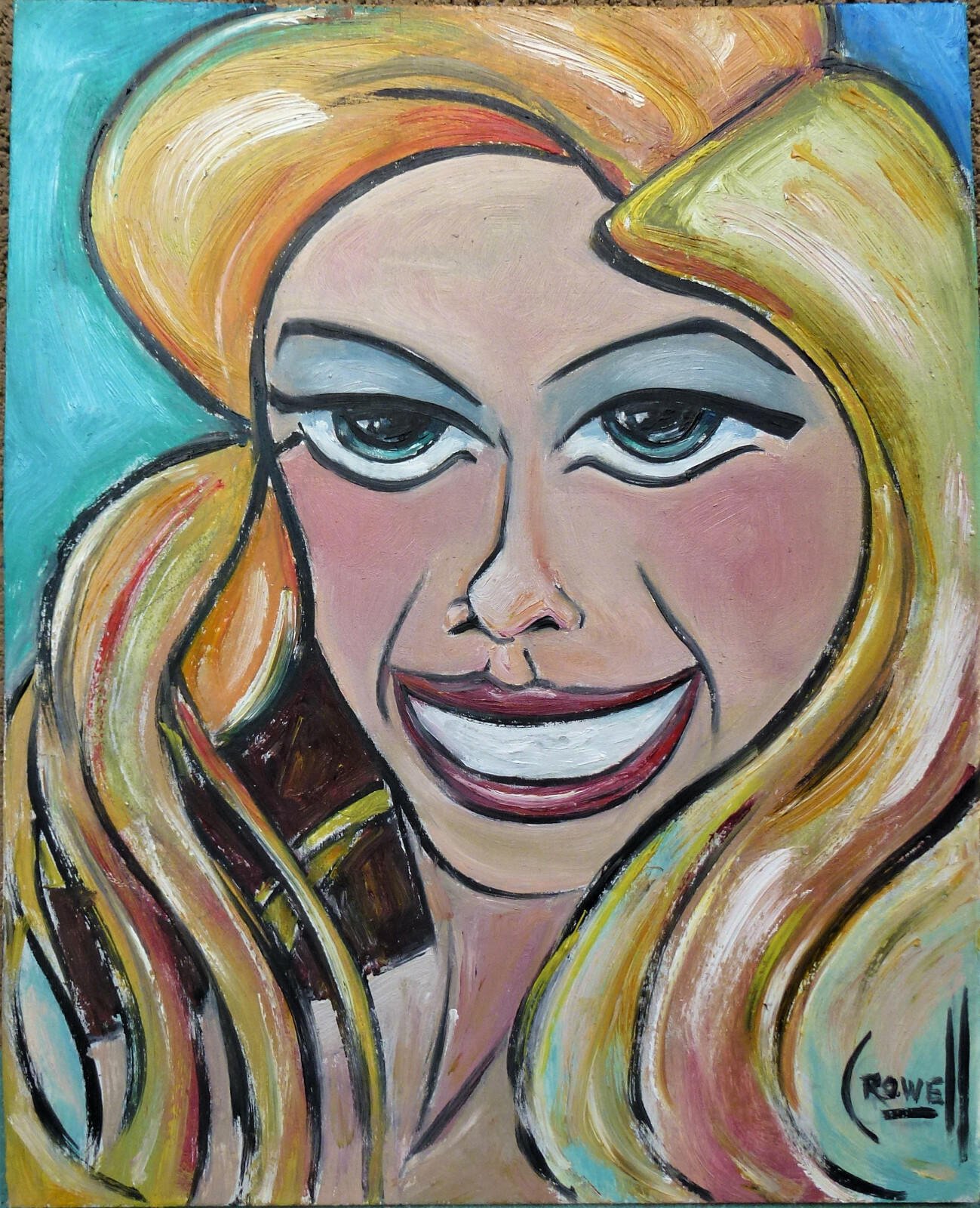 CLARISSE smile woman oil painting modern original art 8×10 wood signed Crowell