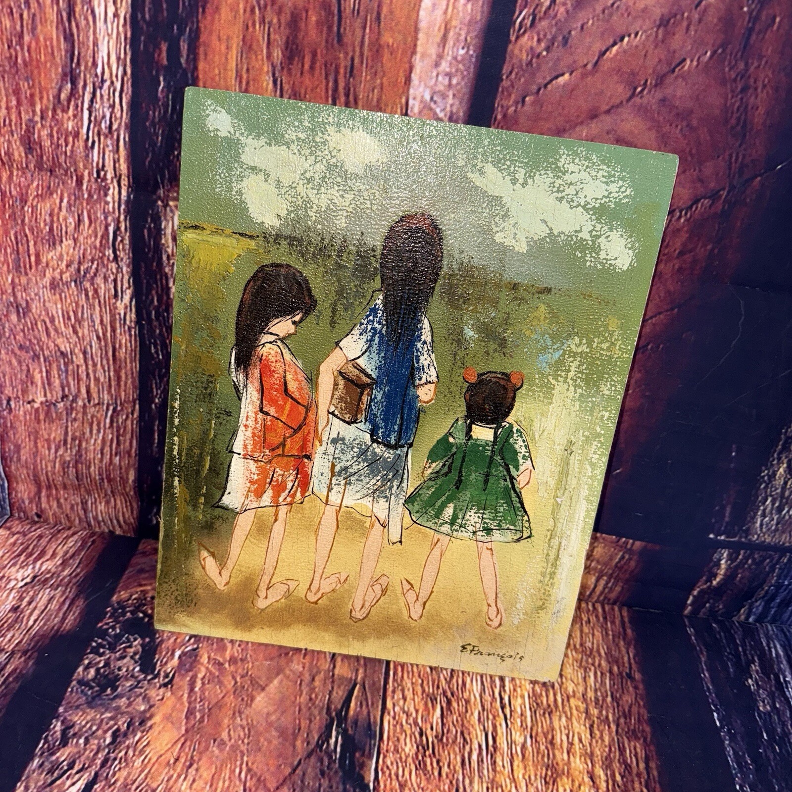 Three Girls Standing Original Oil on Wood Painting Signed by E. Francois 8″X10″