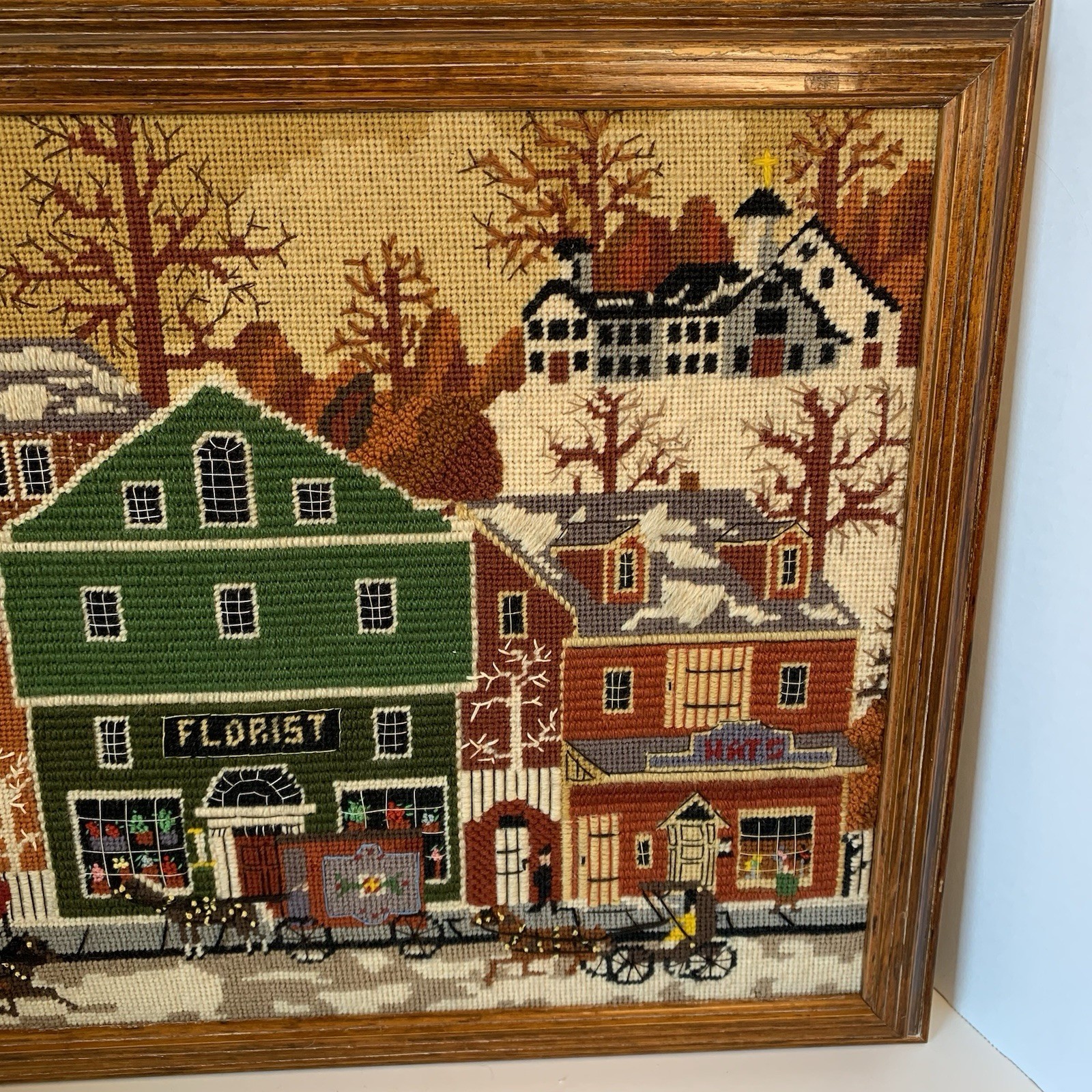 Vintage Framed Needlepoint Art Charles Wysocki Main Street Dimensions 2143