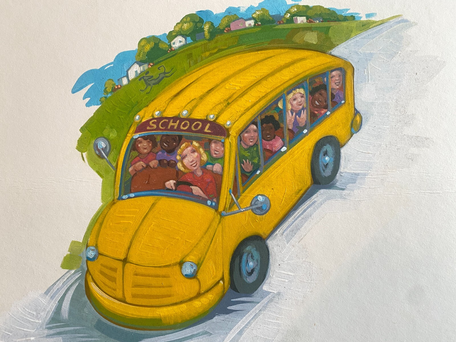 Original Painting of Whimsical School Bus with Driver and Children