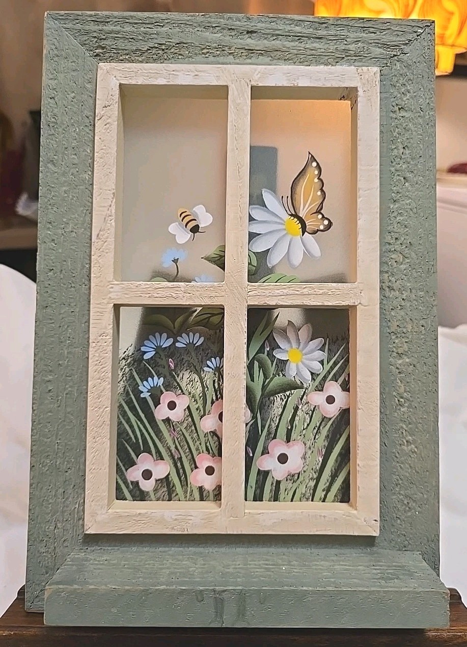 OOAK Handcrafted Cottage Window Frame Painted Panes W/ Flowers & Butterfly & Bee